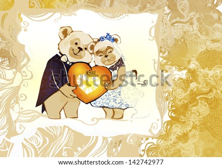 Lovers of bears / Two lovers teddy bears dressed in wedding clothes. They hug and hold a big heart.