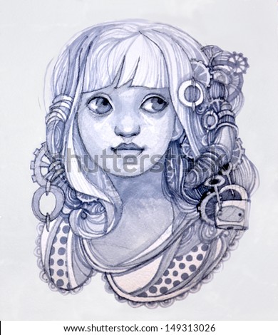 Girl lock and keys / Drawing - a girl with big eyes in her hair keys and lock.