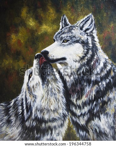 Couple in love wolves / Couple in love wolves in the green forest.