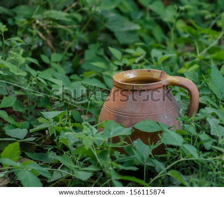 old clay jug sticking out of a green grass