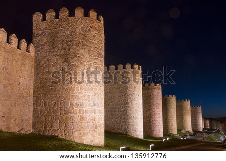 Night View of the City Walls of Avila (Spain). Avila is a City in Central Spain Declared a World Heritage City by UNESCO in 1985
