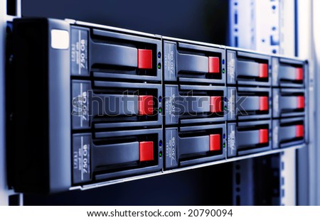 close-up rack-mounted disk array server