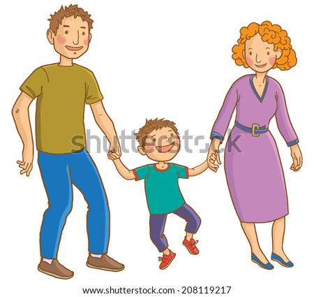 Happy Caucasian Family: Mother, Father, Son. Isolated Objects On White