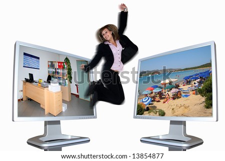 Business girl jumping: from lcd monitor to lcd monitor