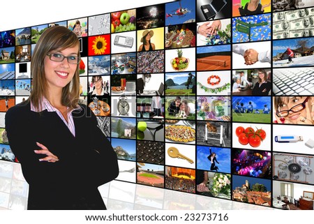 Media Room: Young Woman and Tv Screens