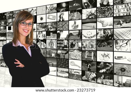Media Room: Young Woman and Tv Screens