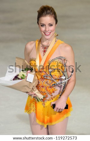 PARIS - NOVEMBER 17: Ashley WAGNER of USA poses at the medal ceremony after winning gold at Eric Bompard Trophy on November 17, 2012 at Palais-Omnisports de Bercy, Paris, France.