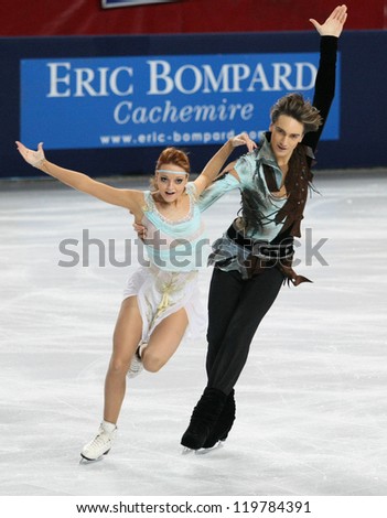 PARIS - NOVEMBER 17: Ekaterina PUSHKASH / Jonathan GUERREIRO of Russia perform free dance at the ISU Grand Prix Eric Bompard Trophy on November 17, 2012 at Palais-Omnisports de Bercy, Paris, France.