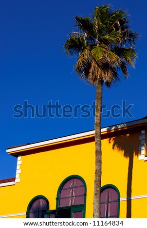 California style southern scene - a yellow house and a palm tree with the blue sky background