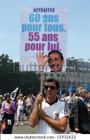 PARIS - JUNE 24: A man holding the poster '60 years for all and 55 for him' during France's nationwide strike against pension overhaul on June 24, 2010 in Paris, France.