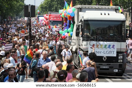 PARIS - JUNE 26: 800,000 people gathered to take part in the Paris Gay Pride parade, which emerged from Montparnasse, on June 26, 2010 in Paris, France.