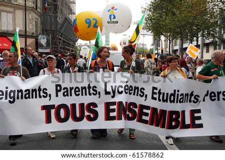 PARIS - SEPTEMBER 23: French teachers and students demonstrate during nationwide strike against raise of the retirement age from 60 to 62 at Place de La Bastille on September 23, 2010 in Paris, France