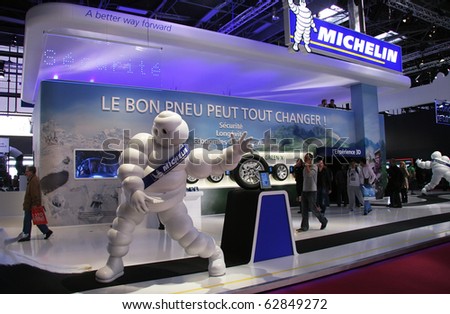 PARIS - OCTOBER 11: The Michelin stand at the Paris Motor Show 2010 at Porte de Versailles, on October 11, 2010 in Paris, France