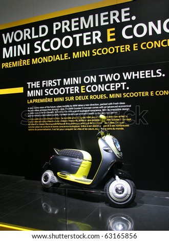 PARIS - OCTOBER 11: Mini Scooter E Concept is displayed at the Paris Motor Show 2010 at Porte de Versailles, on October 11, 2010 in Paris, France