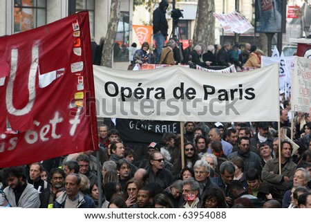 PARIS - OCTOBER 28: The Paris Opera employees march during the strike against the retirement age reform on October 28, 2010 in Paris, France