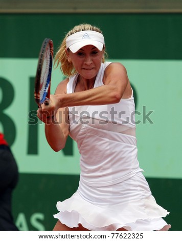 PARIS - MAY 20: Olga Govortsova of Belarus plays the 3rd round qualification match at French Open, Roland Garros on May 20, 2011 in Paris, France.