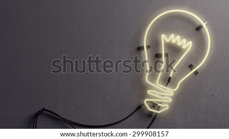 3 D render of an light bulb shaped neon light against concrete wall. Neon light is turned on and it is glowing in lighter yellow color.