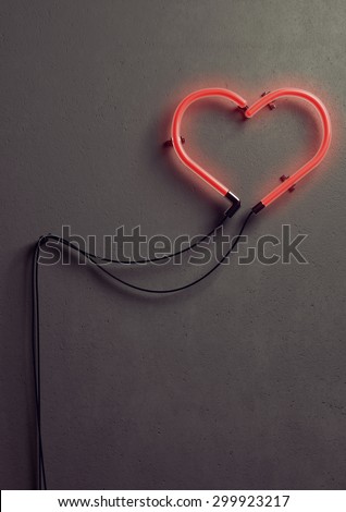 3 D render of an heart shaped neon light against concrete wall. Neon light is turned on and it is glowing in bright red color.