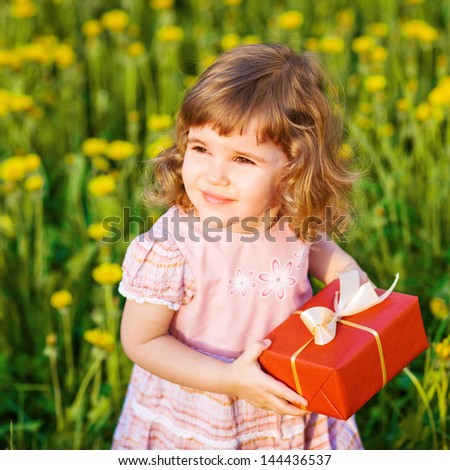 Little girl with gift box in a summer field