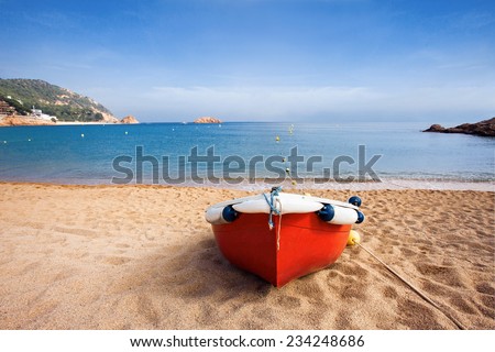 Fishermen\'s boat on a beach, Tossa de Mar, Catalonia, Spain
