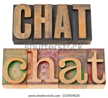 chat - isolated words in vintage letterpress wood type, two layout in different fonts