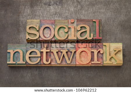 social network - text in vintage letterpress wood type against grunge metal surface