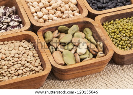 a collection of bean and lentil in wooden square bowls