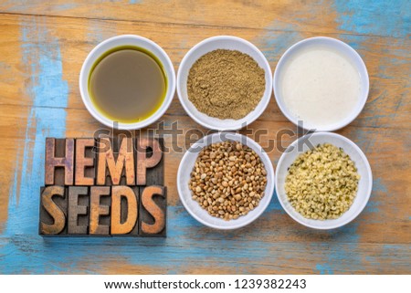 collection of hemp seeds and related  products: hearts, protein powder, milk and oil in small white bowls with a text in vintage letterpress wood type