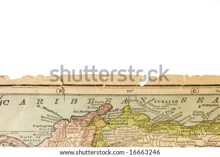 torn and worn edge of antique map printed in 1926 - Caribbean Sea with Colombia, Venezuela coast, isolated on white