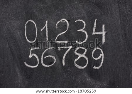 ten arabic numerals handwritten with white chalk on a blackboard