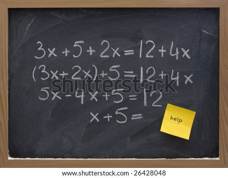 simple mathematics (equation simplification) on blackboard with a yellow sticky note calling for help