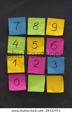 arabic numerals handwritten on colorful crumbled sticky notes and blackboard arranged as numerical keypad