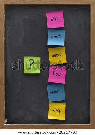 brainstorming concept with simple questions (what, when, where, why, how, who)  posted with colorful sticky notes on blackboard with white chalk smudges