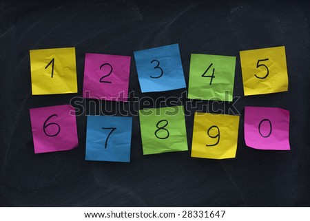 arabic numerals handwritten on colorful crumbled sticky notes and posted on blackboard with eraser smudges