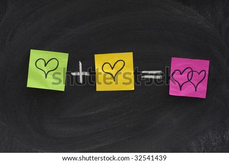 love or romantic relationship concept presented as mathematical equation with hearts, colorful sticky notes, white chalk on blackboard