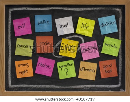 cloud of words related to ethics, color sticky notes on blackboard