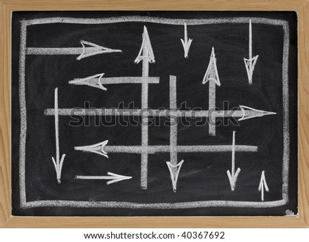 random or confusing directions concept - white chalk arrows on blackboard