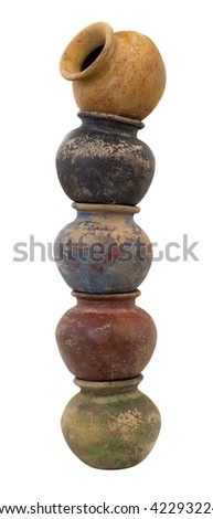 five, rough, clay plant pots (mass produced planters) with a grunge finish, stacked vertically in column, isolated on white