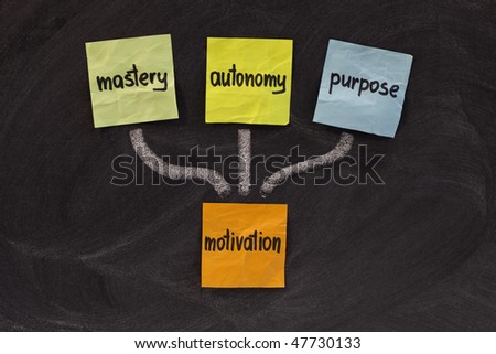 three elements of true motivation - mastery, autonomy, purpose - colorful sticky notes on blackboard
