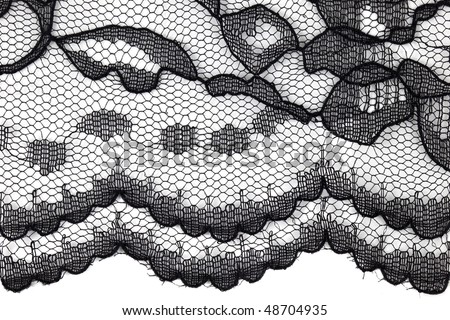 edge and pattern of black lace fabric with floral motif against white background