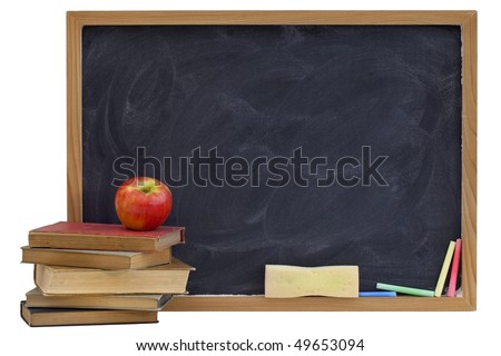 education concept - blank blackboard with white chalk texture, red apple on a stack of old textbooks, sponge eraser, color chalk, isolated on white with clipping path
