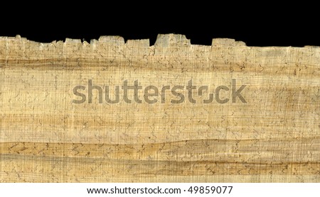 papyrus paper rough texture with fiber pattern, wrinkles, loose fibers and dust, edge shown against black background
