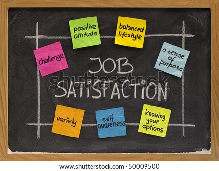 ingredients of job satisfaction concept - white chalk handwriting and color sticky notes on blackboard
