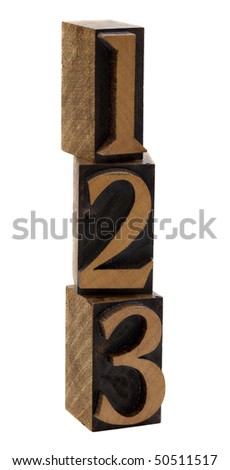 1, 2, 3 numbers in vintage wooden letterpress blocks, stained by black ink, stacked vertically, isolated on white
