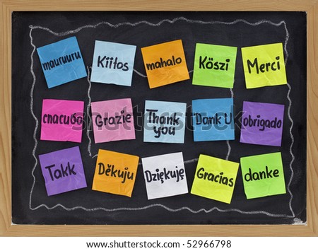 Thank you in sixteen languages - colorful sticky notes on blackboard with white chalk smudges