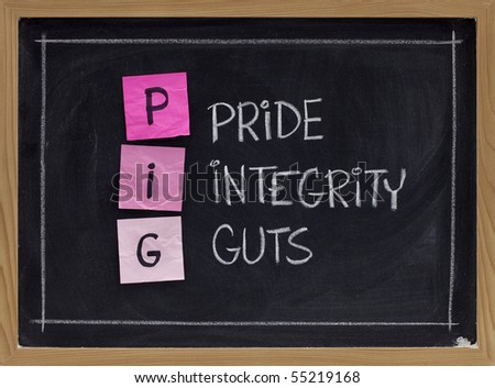 PIG - pride, integrity and guts - acronym created by police in the US as a positive interpretation of the common derogatory reference, sticky notes on blackboard