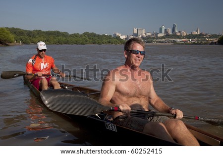 KANSAS CITY, KS - AUGUST 23: West Hansen (right) and David Kelly training in their canoe, day before the 5th Missouri River 340 Race from Kansas City to St Charles, August 23, 2010. They won the race.