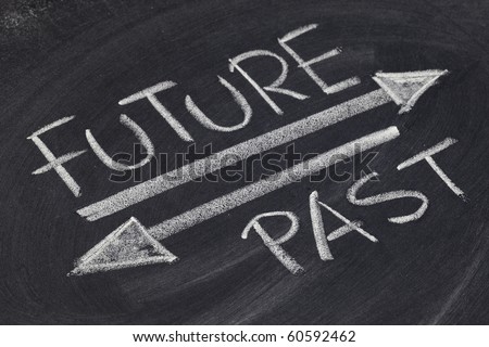 future and past concept - white chalk handwriting and drawing on blackboard