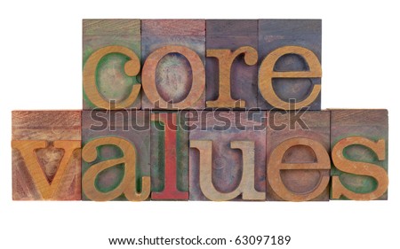 ethics concept - core values words in vintage wooden letterpress printing blocks isolated on white