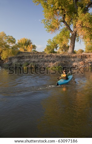 kayaker (fifty five years old male) paddling a blue, plastic, whitewater kayak on a small river in autumn scenery